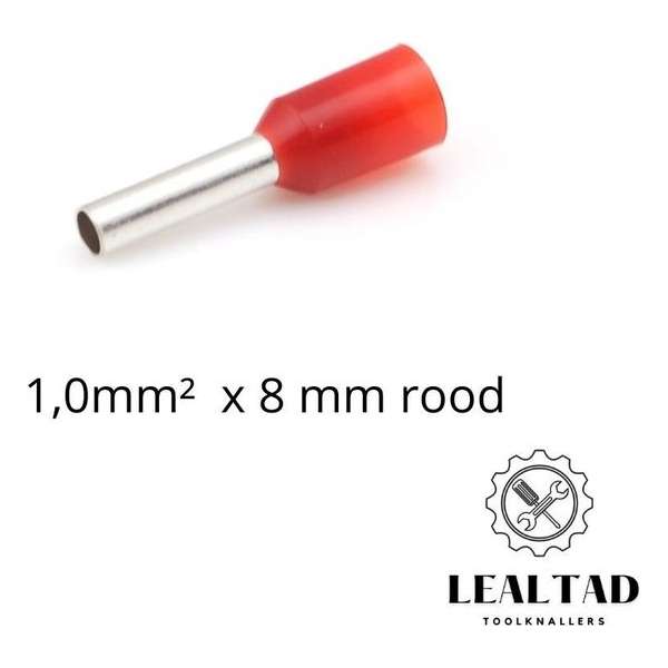 Adereindhuls 1,0 mm² x 8 mm rood 100 stuks | Ferrule | Draadhuls | Adereindhulzen | Eindverbinder