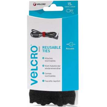 VELCRO® VEL-EC60466 Klittenband kabelbinder Om te bundelen Haak- en lusdeel (l x b) 200 mm x 12 mm Zwart 15 stuk(s)