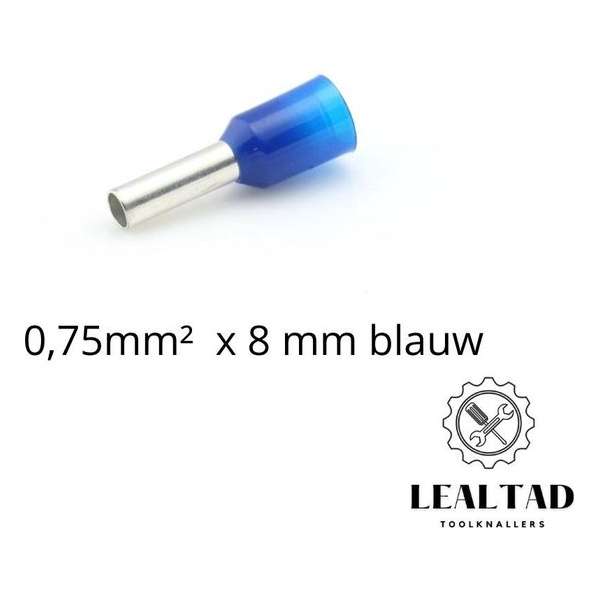 Adereindhuls 0,75 mm² x 8 mm blauw 100 stuks | Ferrule | Draadhuls | Adereindhulzen | Eindverbinder