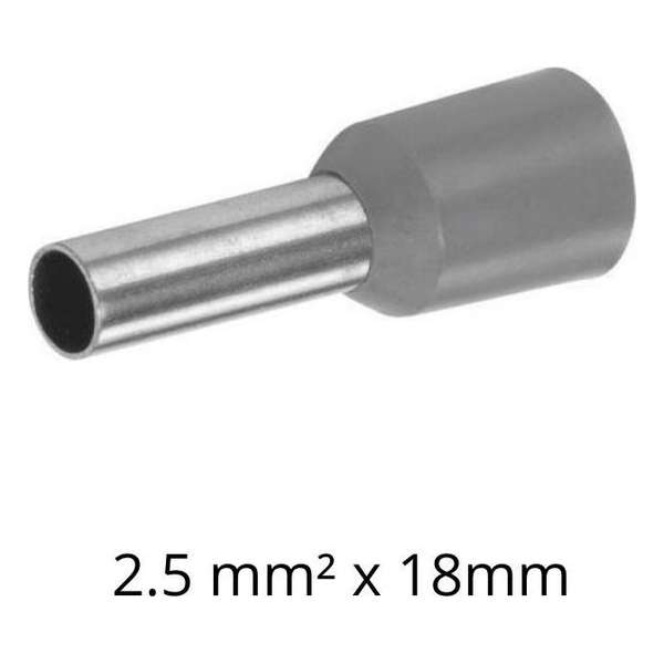 Adereindhuls 2,5 mm² x 18 mm grijs 100 stuks | Ferrule | Draadhuls | Adereindhulzen | Eindverbinder