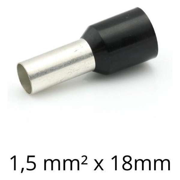 Adereindhuls 1,50 mm² x 18 mm zwart 100 stuks | Ferrule | Draadhuls | Adereindhulzen | Eindverbinder