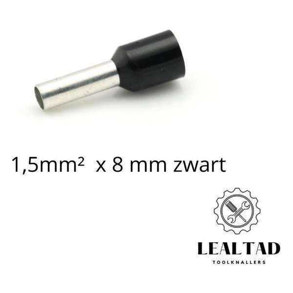 Adereindhuls 1,5 mm² x 8 mm zwart 100 stuks | Ferrule | Draadhuls | Adereindhulzen | Eindverbinder