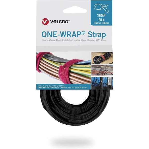 Velcro One-Wrap klittenband kabelbinders 200 x 12mm / zwart (25 stuks) / UL94