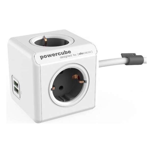 PowerCube Extended Duo USB Stekkerdoos - NL/DE (Type F) - Geschikt voor 4 stekkers en 2 USB-Poorten - Kabel 3 mtr. - Wit/Grijs