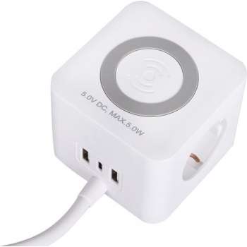 Q-Link Stekkerdoos met Wireless Charger – Powercube met USB – Stekkerblok Kubus – Wit