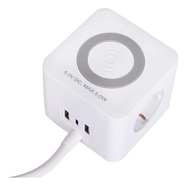 Q-Link Stekkerdoos met Wireless Charger – Powercube met USB – Stekkerblok Kubus – Wit