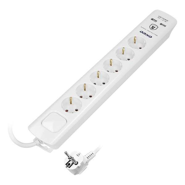 Design stekkerdoos in het wit - 3 meter kabel - 6 schuko uitgangen en 2 USB-Poorten 2.1A - Type 3 SPD overspanningsbeveiliging