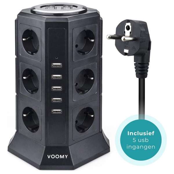 Voomy XL Stekkerdoos met Schakelaar - 5 USB Laders - 12 Stopcontacten