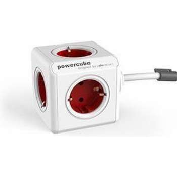 DesignNest PowerCube Extended 3 meter kabel - wit/rood - 5 stopcontacten Type F - stekkerdoos - stekkerblok