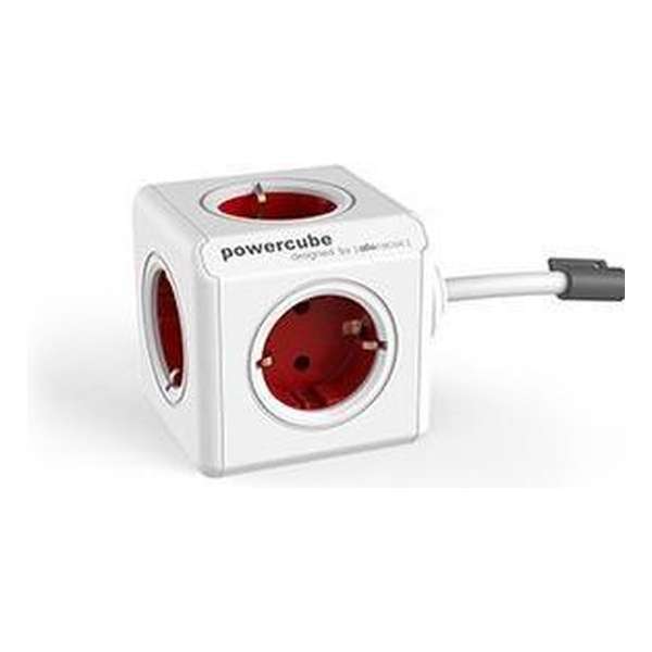 DesignNest PowerCube Extended 3 meter kabel - wit/rood - 5 stopcontacten Type F - stekkerdoos - stekkerblok