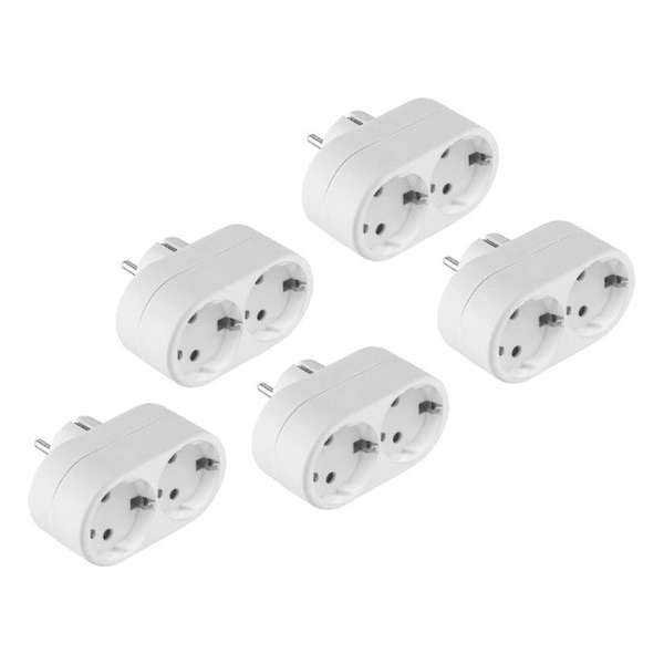 5-PACK Horizontale Stopcontact Splitter - 2-voudig - Verticale Stopcontacten - Geaard - Wit