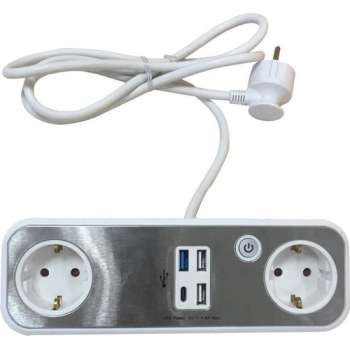 Stekkerdoos | Tafeldoos | Bureau stekkerdoos | 2x Schuko | 3x USB A | 1x USB C | Aan/uit schakelaar | Zilver | Allteq