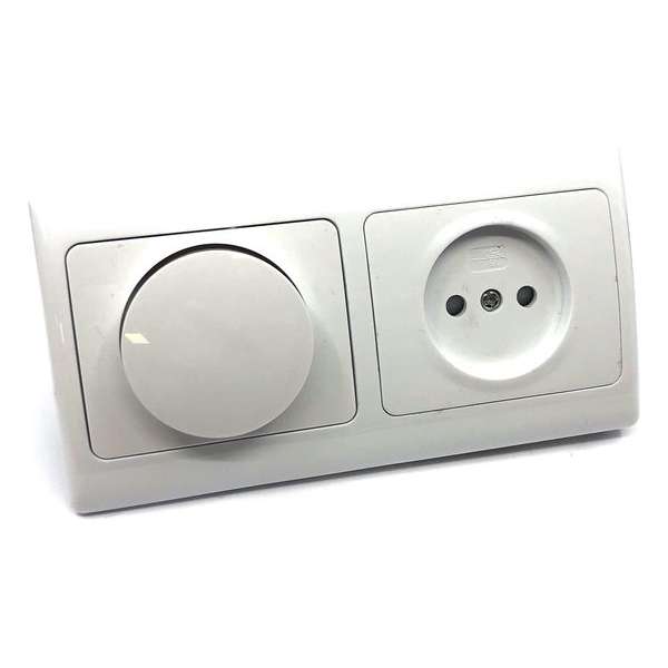 OLYMPIC complete inbouwcombinatie | 230V dimmer + stopcontact zonder randaarde + 2-voudig afdekraam | polarwit