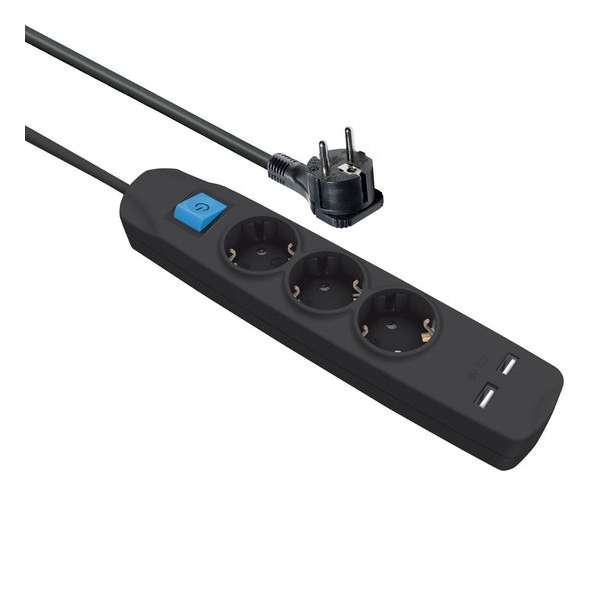 MaxTrack stekkerdoos met 3 contacten en 2x USB / zwart - 3 meter