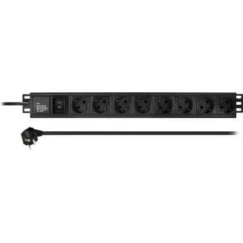 Alfaco 19-8PDU-S, 8 voudige stekkerdoos met schakelaar voor 19 inch serverkasten, 2m kabel, Zwart