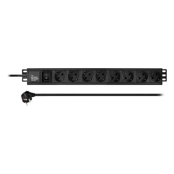 Alfaco 19-8PDU-S, 8 voudige stekkerdoos met schakelaar voor 19 inch serverkasten, 2m kabel, Zwart