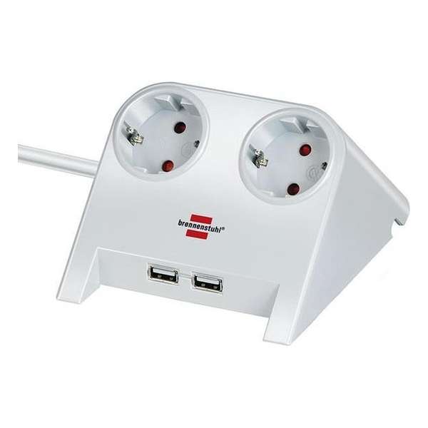 Brennenstuhl Desktop-Power stekkerdoos met 2 contacten en 2x USB / wit - 1,8 meter