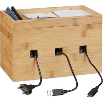 relaxdays kabelbox bamboe - kabelmanagement hout - bureau multi-oplaadstation - cable box