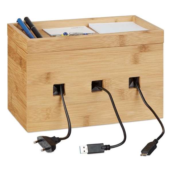 relaxdays kabelbox bamboe - kabelmanagement hout - bureau multi-oplaadstation - cable box