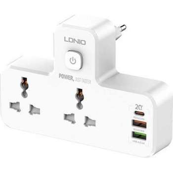 LDNIO 2 voudig internationale stopcontact splitter met 2x USB-A, 1x USB-C en nachtlamp