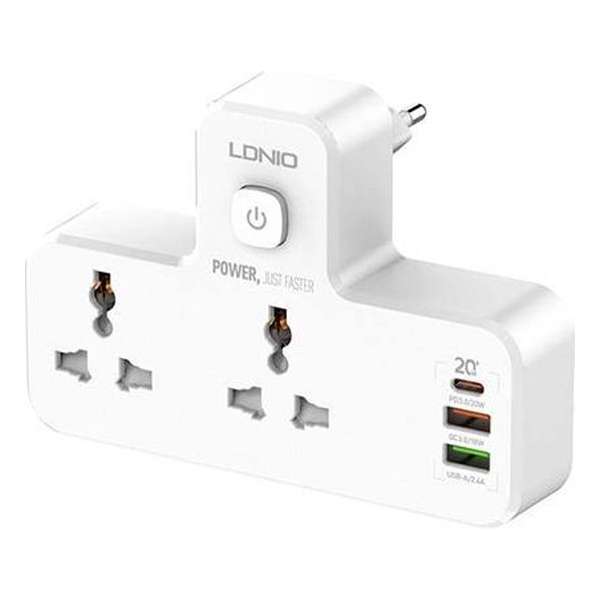 LDNIO 2 voudig internationale stopcontact splitter met 2x USB-A, 1x USB-C en nachtlamp