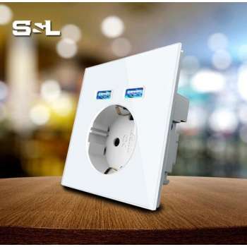 S&L inbouw stekkerdoos met dubbel usb inbouw stopcontact met led  wandcontactdoos met licht gehard glas kleur wit