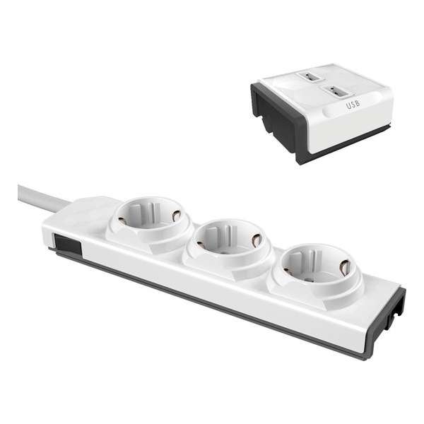 Platte PowerStrip Modular stekkerdoos met 2 USB laders - 1m kabel en aan- en uit schakelaar - stekkerblok - verlengdoos