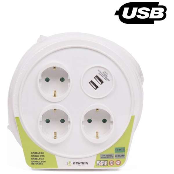 Benson Kabelbox Haspel / Kabelhaspel 10 meter 3 x 1.5MM met 2 usb poorten en 3 RA stopcontacten