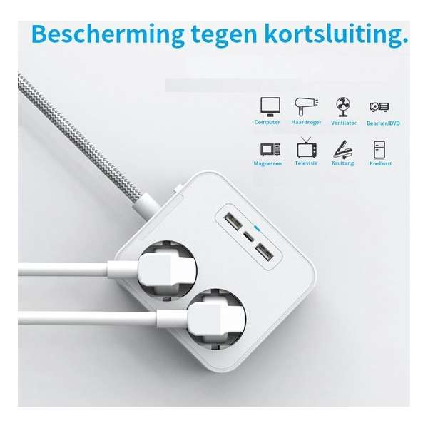 2x USB en 1x USB-C Tweevoudige Stekkerdoos - Met randaarde - Verlengsnoer - Verlengkabel - 4-voudig - 1.6 meter - Zwart