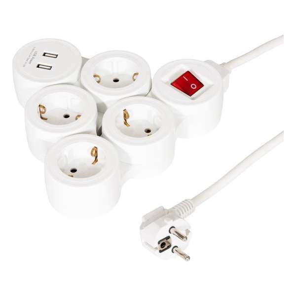 Stekkerdoos | Schuko | 4 voudig | 2x USB | Flexibel | Aan/uit schakelaar | Wit | Allteq