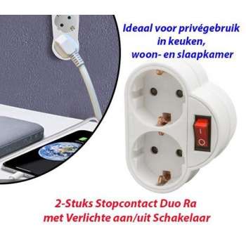 2-Stuks Stopcontact Duo Ra met Verlichte aan/uit Schakelaar