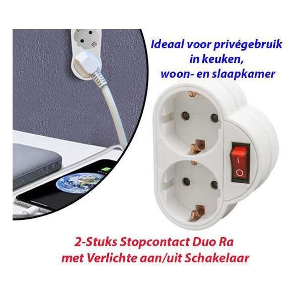 2-Stuks Stopcontact Duo Ra met Verlichte aan/uit Schakelaar