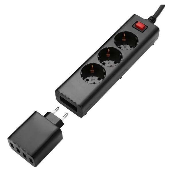 Allteq - Stekkerdoos met schakelaar en USB - 3-voudig - Zwart - 1.5 meter