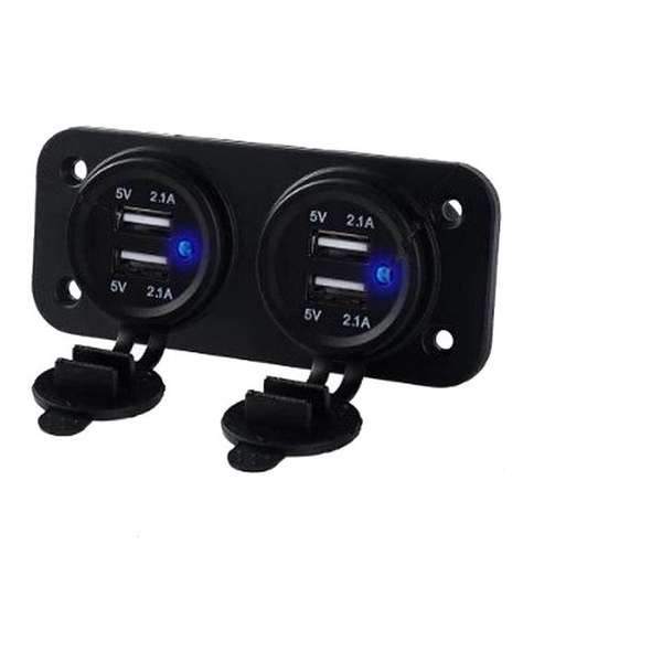 ProCar - PUSB2 - 2x2 USB inbouwstopcontact met deksel - 12V/24V - 5V/2.1A - Auto/Boot/Camper