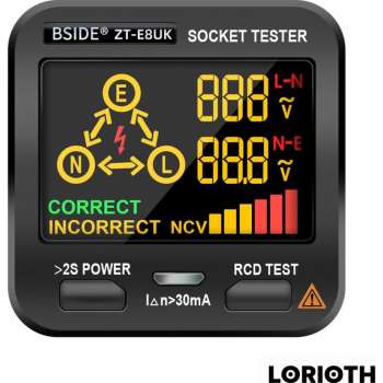 LORIOTH® Professionele Stopcontact tester - Aardlekschakelaar Tester - Voltage Tester - LCD-Display - Zwart