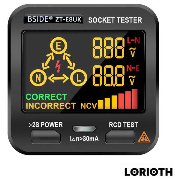 LORIOTH® Professionele Stopcontact tester - Aardlekschakelaar Tester - Voltage Tester - LCD-Display - Zwart