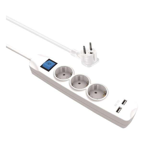 MaxTrack stekkerdoos met 3 contacten en 2x USB / wit 3-voudige stekkerdoos met schakelaar en 2x USB - wit - 3 meter