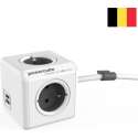 DesignNest - PowerCube Extended Duo USB - 1.5m kabel - Wit/Grijs - 3 stopcontacten - 2 USB laders - Type E met aardepin (België)