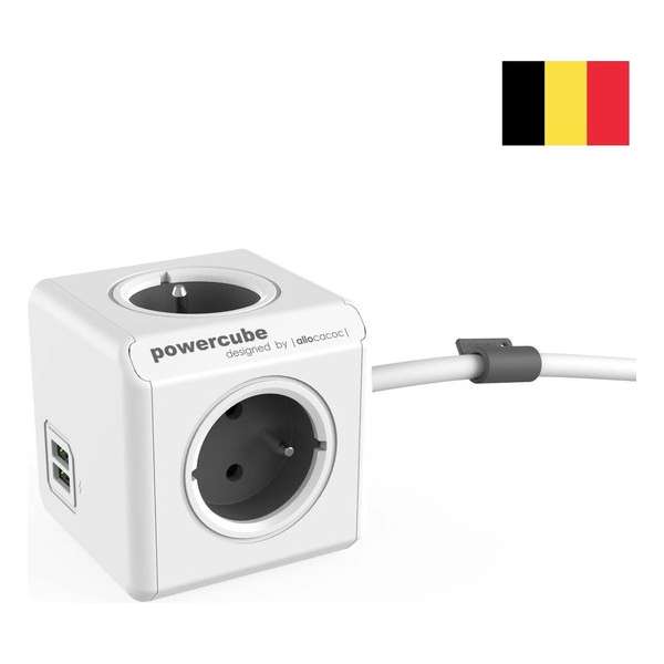 DesignNest - PowerCube Extended Duo USB - 1.5m kabel - Wit/Grijs - 3 stopcontacten - 2 USB laders - Type E met aardepin (België)