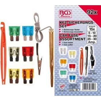 Assortiment Auto Zekeringen - Steekzekeringen - Standaard - Inc. Zekeringtester en Zekeringtrekker  - 92 Delig - BGS8124