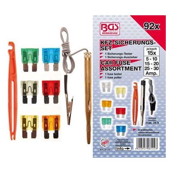 Assortiment Auto Zekeringen - Steekzekeringen - Standaard - Inc. Zekeringtester en Zekeringtrekker  - 92 Delig - BGS8124