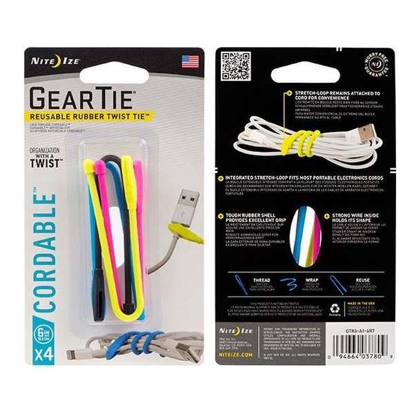 Nite Ize Gear Tie Cordable 6" - 4 Stuks Mix kleuren - Herbruikbare kabelbinder