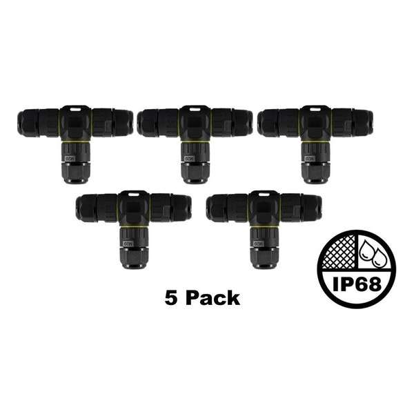 5 Pack - Waterdichte kabelverbinder T (3 uitgangen), IP68, Kabeldikte: 0,5-2,5 mm²