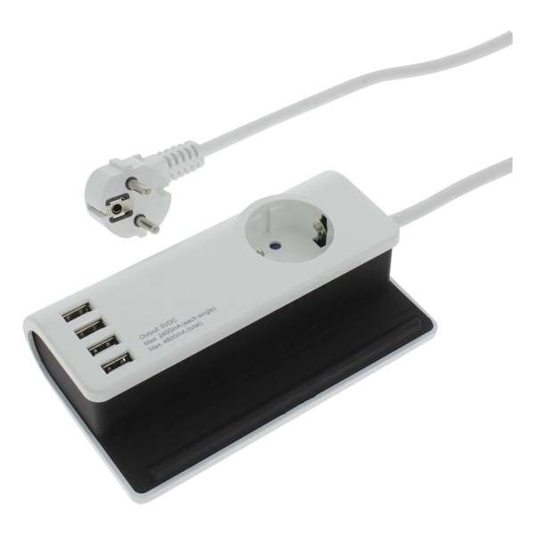 Q-Link stekkerdoos - 1-voudig - randaarde - docking station - 4 x USB - 3 x 1.5 mm - 1.5 m - zwart - wit