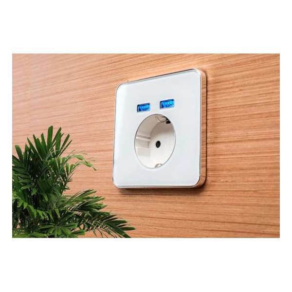 USB stopcontact | Inbouw wandcontactdoos Dubbele USB |wit met screen glas met grijze rand