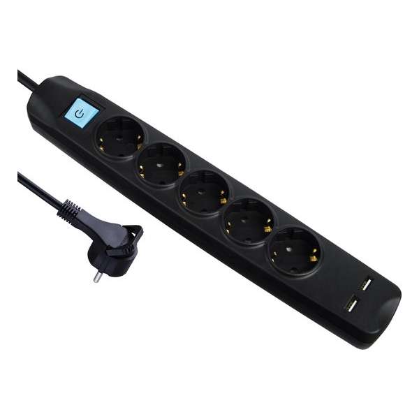 MaxTrack stekkerdoos met 5 contacten en 2x USB / zwart - 1,5 meter