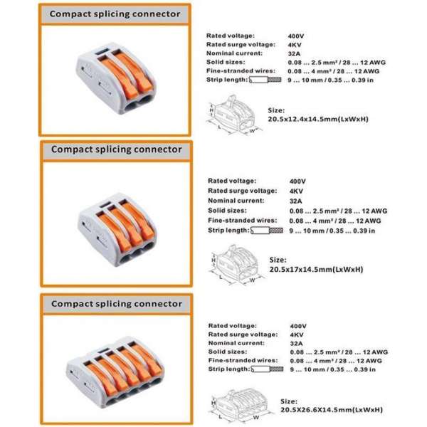 Verbindingsklem duo 1/1 polig  Transparant/oranje   0,08 t/m 4mm2 kabel 32A 600V  13,5mmx29mmx12,5mm