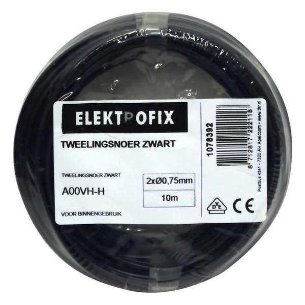 10 meter Elektrofix tweelingsnoer zwart, 2 x 0.75mm