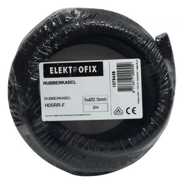 2 meter Elektrofix rubber kabel H05RR-F zwart neopreen, 5 x 2.5mm