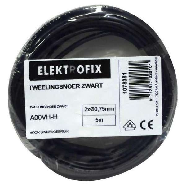 5 meter Elektrofix tweelingsnoer zwart, 2 x 0.75mm